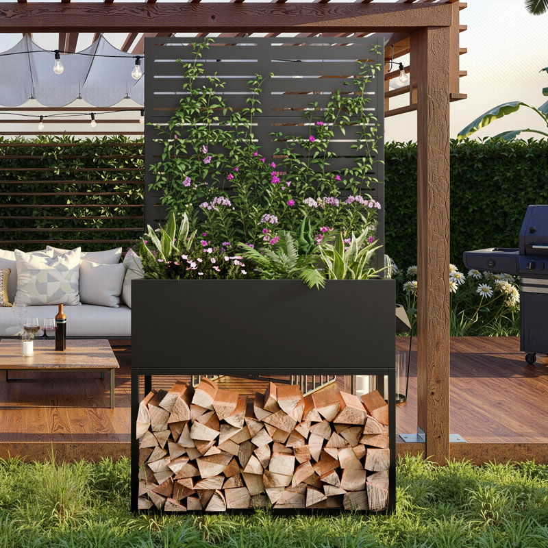 35.43" Wide Galvanized Steel Planter With Trellis & Wood Storage, Mobile Outdoor Privacy Screen With Deep 11.81" Planter Box & Drainage Holes