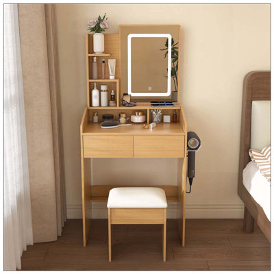 Compact Vanity Table with LED Mirror, Power Outlet, and Stool