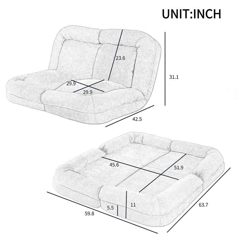 Canapé-lit double convertible pliable, gris, partie gauche du produit complet., Gris