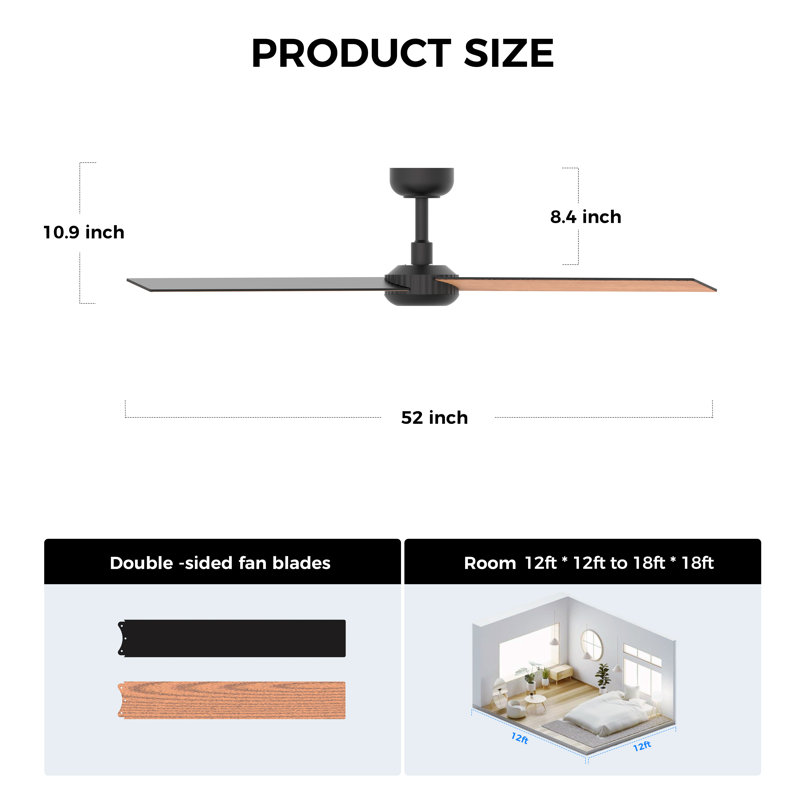 52 Inch Ceiling Fan With Led Night Light High Air Volume, Black with Light Brown Blades