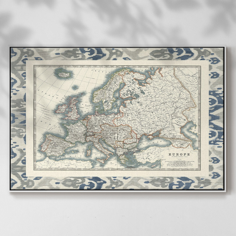 Bordé carte de l'Europe, peinture sur toile encadrée, H 27 po x l 41 po x P 2 po, Cadre blanc