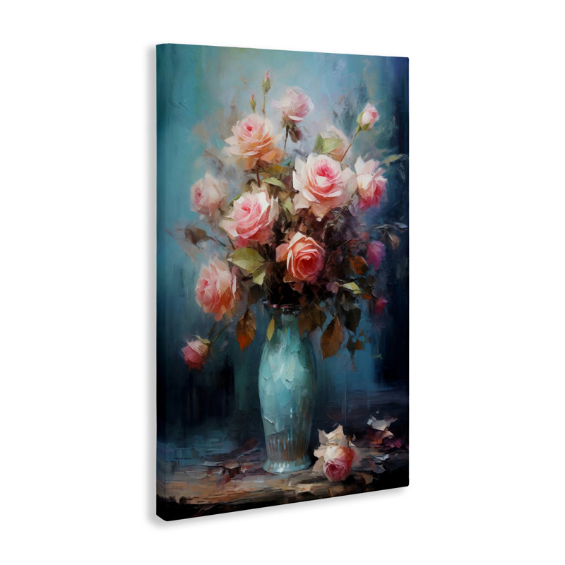 Vase bleu avec toile roses roses, design par LSR Creative Studio, H 24 po x l 16 po