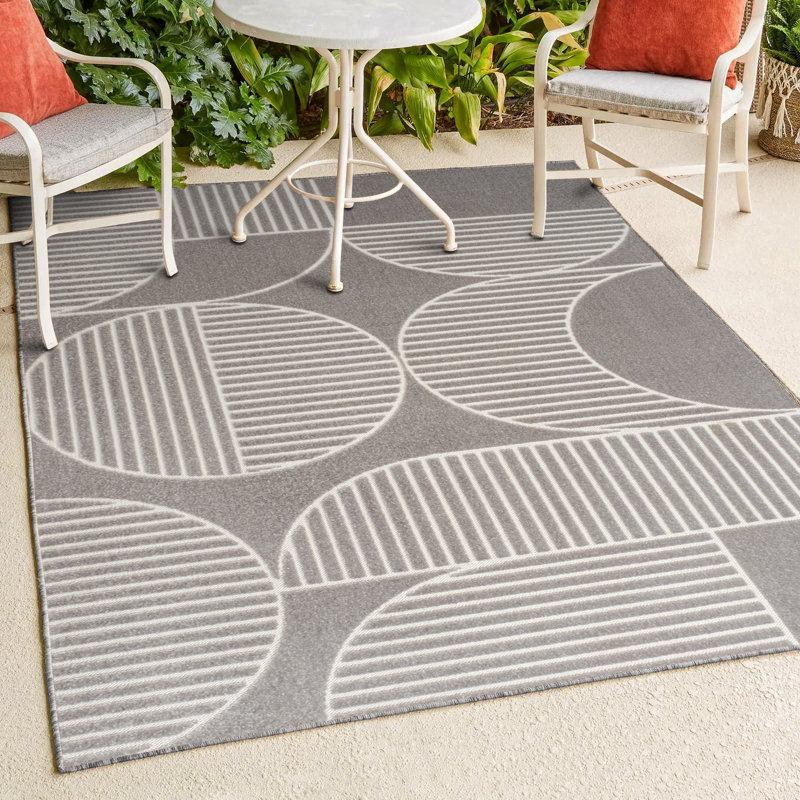Rysler High-Low Geometric Arch Scandi Striped Gray/Cream Indoor/Outdoor Rug, Rectangle 3'11" x 6'