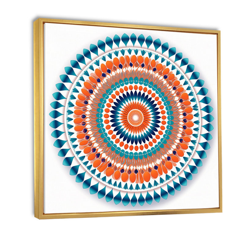 Exquis mandala en rétro bleu et orange sur toile, H 24 po x l 24 po x P 1 po, Cadre flottant doré