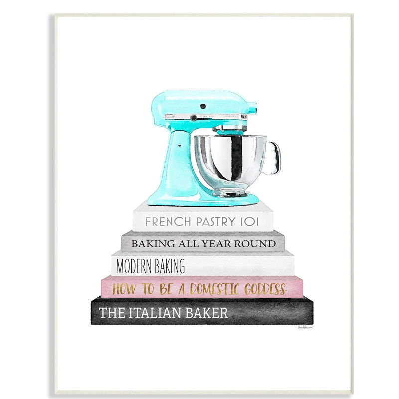 «Bookstack with Mixer», imprimé bleu sarcelle, Plaque en bois, H 18,5 po x l 12,5 po x P 0,5 po