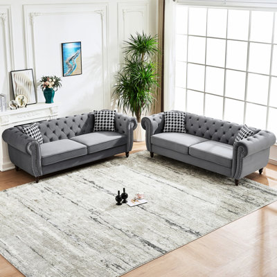 3+3 Seater In Grey Velvet, Mid Century Modern Style For Apartment, Spacious And With 450 Lbs Weight Capacity, High - Density Foam + Spring Packs Velvet Roll Armrest, Couch Primary Living Space,