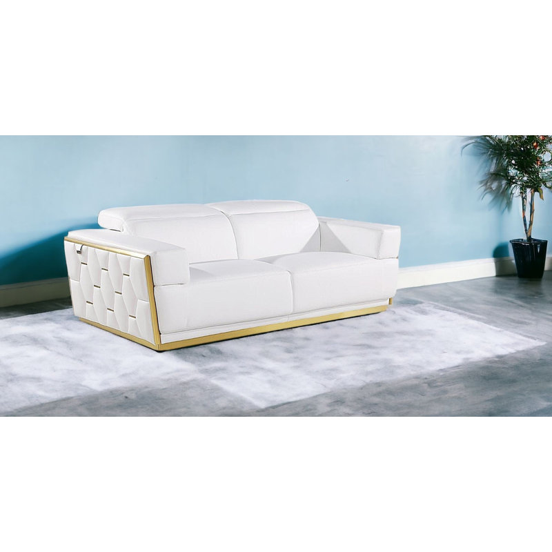 89" White And Silver Leather Sofa
