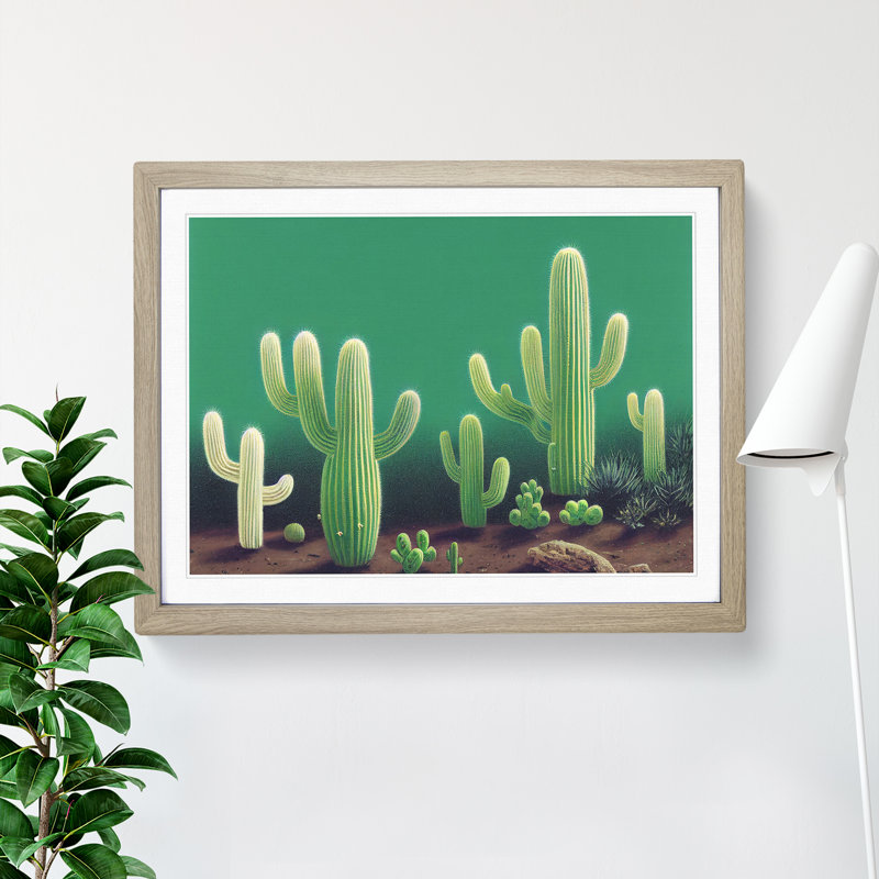 Friendly Cactus - Single Picture Frame Print, 34cm H x 46cm W x 2cm D, Oak Framed