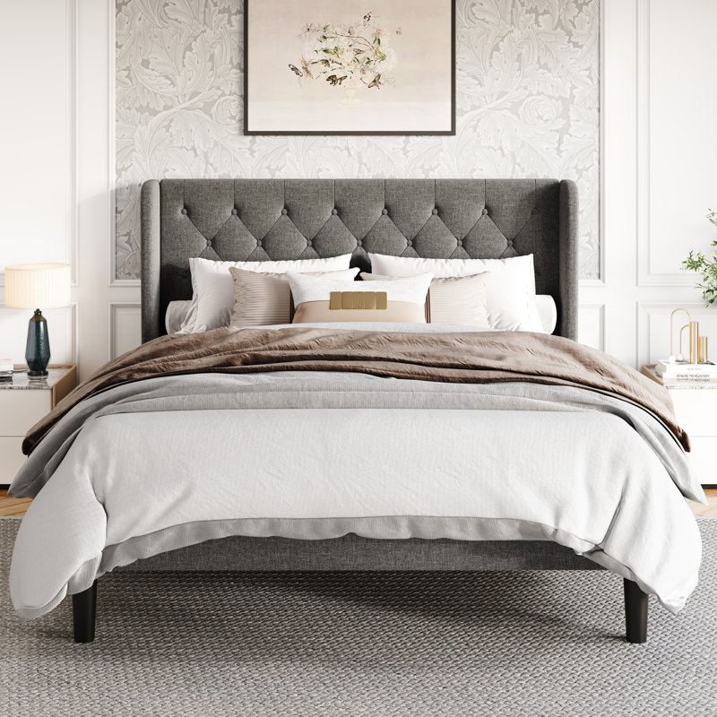 Structure de lit tapissier avec tête de lit Hilbert, Double, Beige