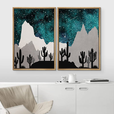 «Cactus Desert» IDÉE4WALL, ensemble d'art mural encadré bleu sarcelle et noir, étoile, ciel, montagne, désert, cactus, nature sauvage, illustrations, moderne, rustique pour le salon, la chambre à coucher, le bureau