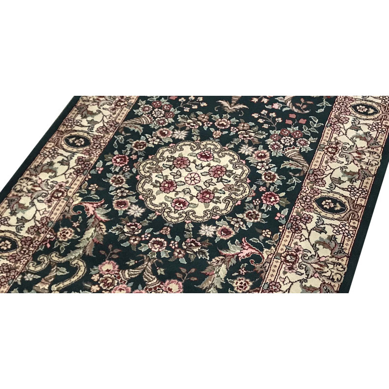Tapis de couloir vert et ivoire noué à la main de haute qualité