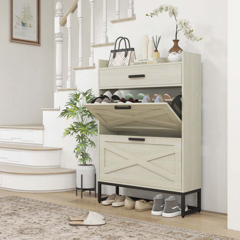 Narrow Shoe Cabinet, Industrial Shoe Storage Cabinet with 2 Flip Drawers, White