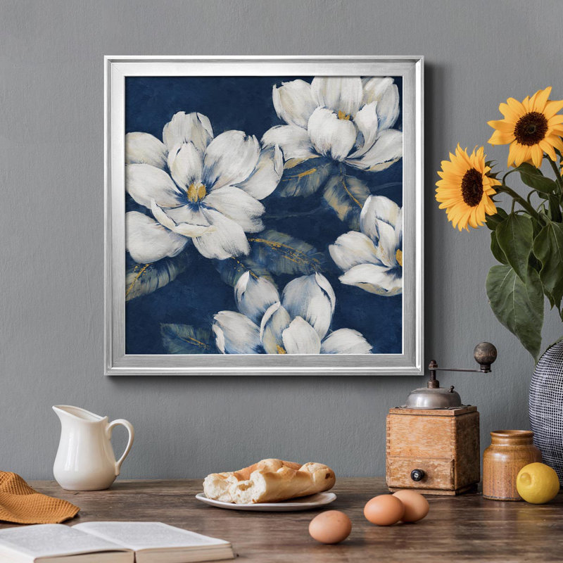 " Magnolias Indigo " Painting Print, Silver, 26.5" H x 26.5" W x 1.5" D