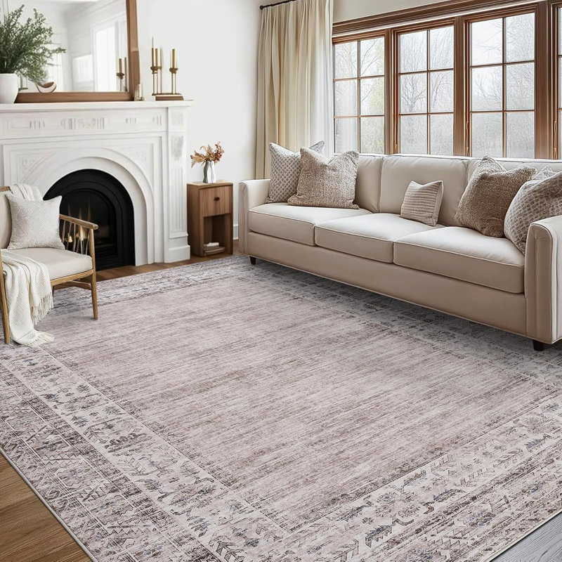 Washable Vintage Border Rug Non-Slip Low Pile Stain-Resistant Boho Throw Carpet for Kitchen Hallway Living Room Bedroom Taupe/Brown.