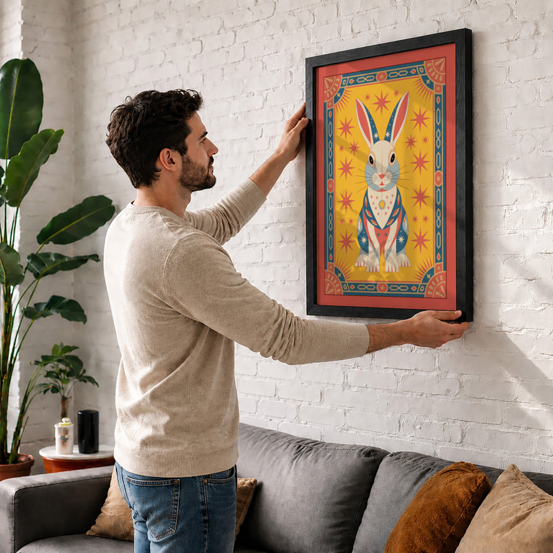 Decorated Rabbit Herald Eclectic - Framed Print, A3 - 42.0 x 29.7 cm, Walnut