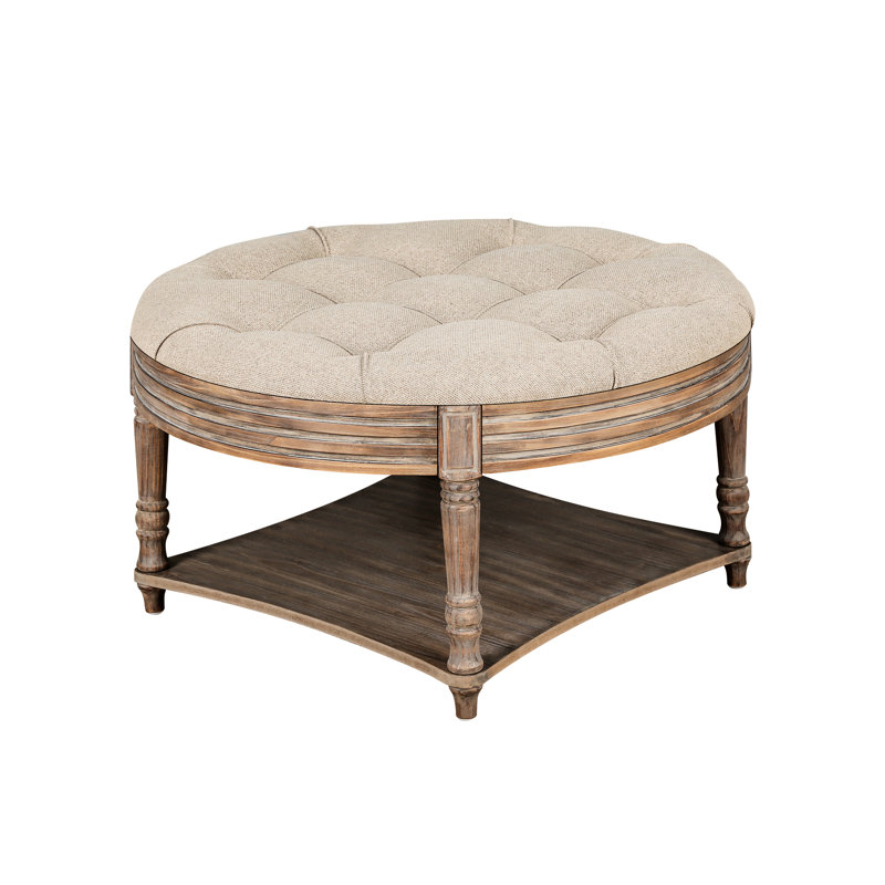 Élégante table basse de rangement - ronde, revêtement en lin, pieds en bois, ronde classique avec revêtement pour tablette