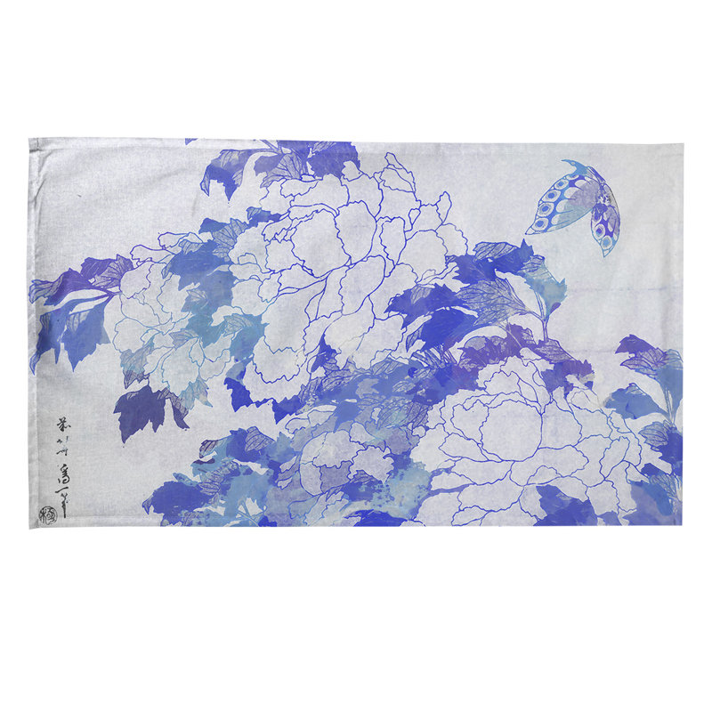 Serviette de thé pivoines et papillon, Polyester sergé, Mauve / Blanc