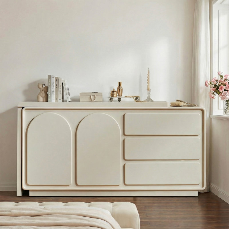 Extendable Cream Makeup Vanity, 55.1"–110" Piano Gloss Dressing Table with Storage & Rotating Shelf 