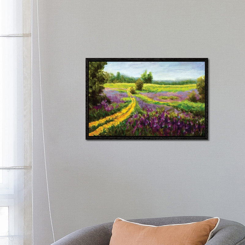 Purple Flowers Field by Valery Rybakow - Painting on Canvas, 66.04 cm H x 45.72 cm W, Black Framed Canvas