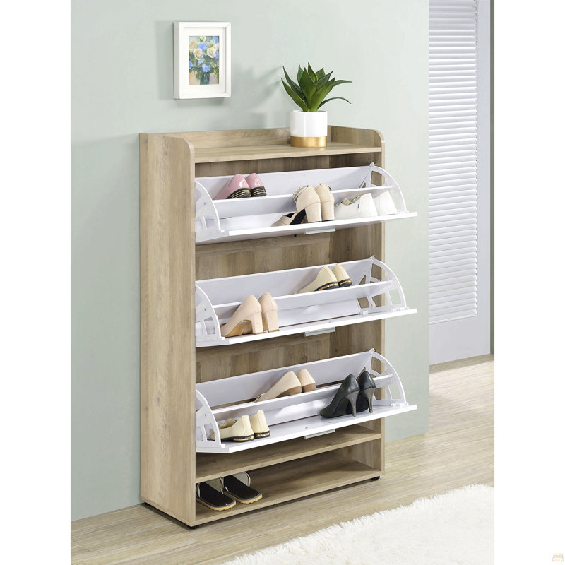 Range-chaussures en bois d'ingénierie à 3 niveaux, Chêne / Blanc