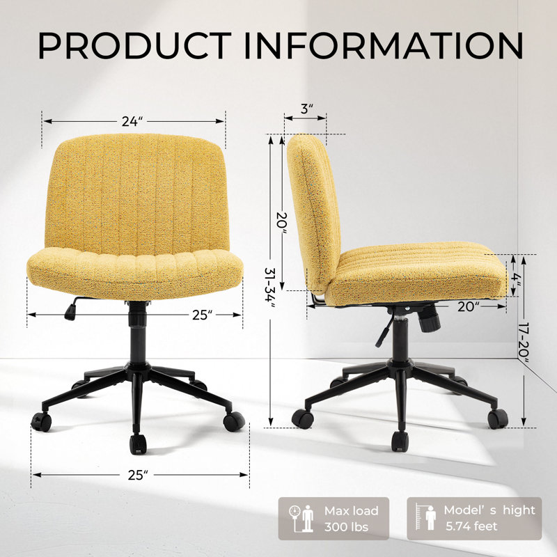 Armless Criss Cross Chairs, Preminum Fabric Swivel Vanity Chair ,Modern Adjustable Office chair, Yellow