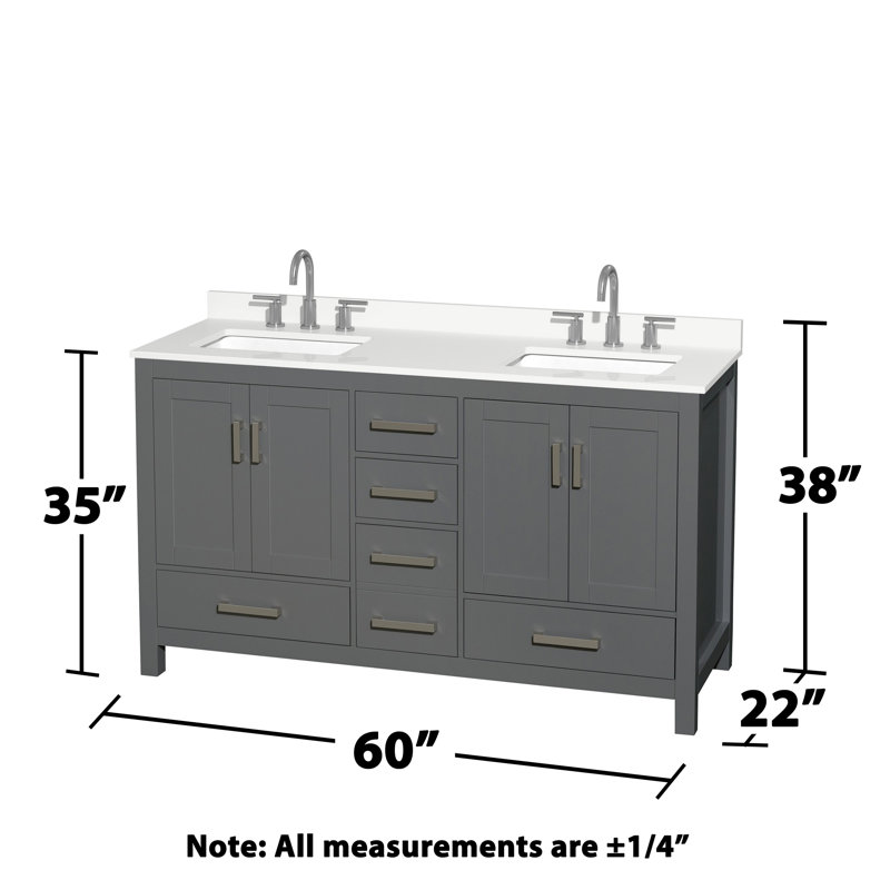 Meuble-lavabo double autoportant 60 po avec plateau en quartz Sheffield et miroirs 24 po Sheffield, Quartz blanc, Gris foncé