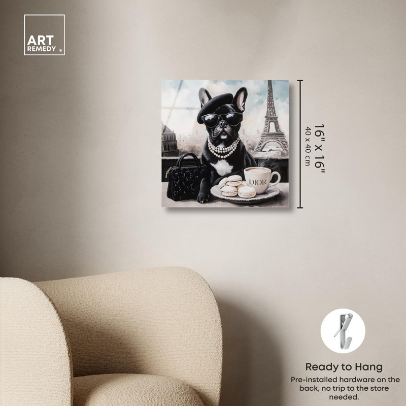«Frenchie in Paris Treats», reproduction d'art à la mode par Art Remedy, H 16 po x l 16 po