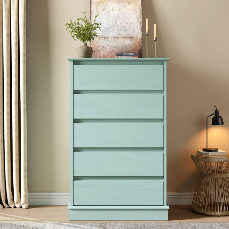 Commode à 5 tiroirs en bois pour chambre à coucher, commode haute avec tiroirs de rangement profonds, plateau large pour placard, salon, vert