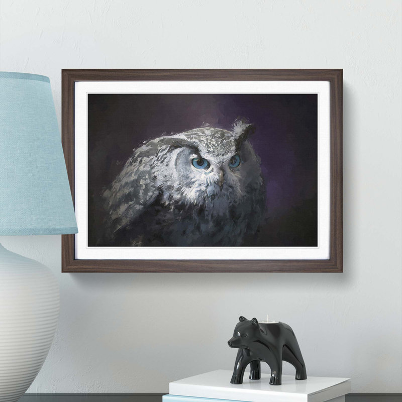 Blue Eyed Eurasian Eagle Owl in Abstract - Picture Frame Painting Print, Walnut Framed, 62cm H x 87cm W x 2cm D