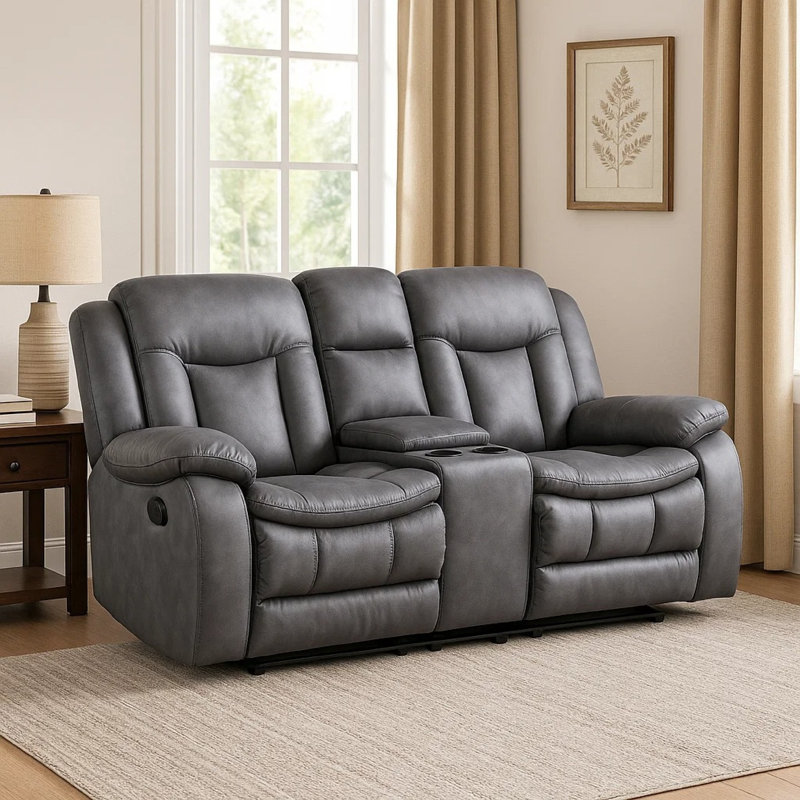 Causeuse inclinable double Olaf, similicuir gris foncé, 77 po, Gris