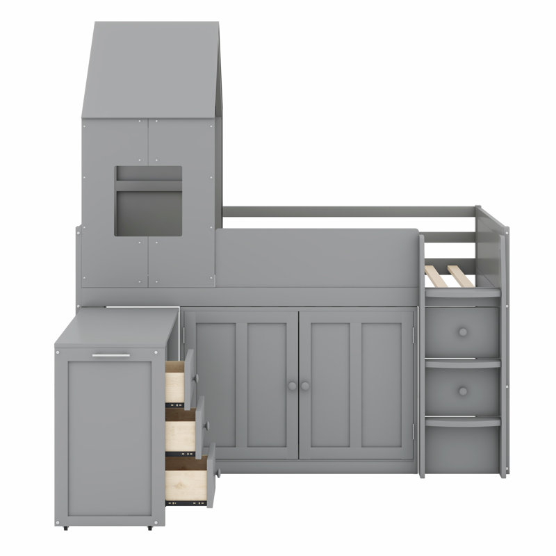 Lit mezzanine en bois moderne avec bureau, tiroirs de rangement et armoires, Gris
