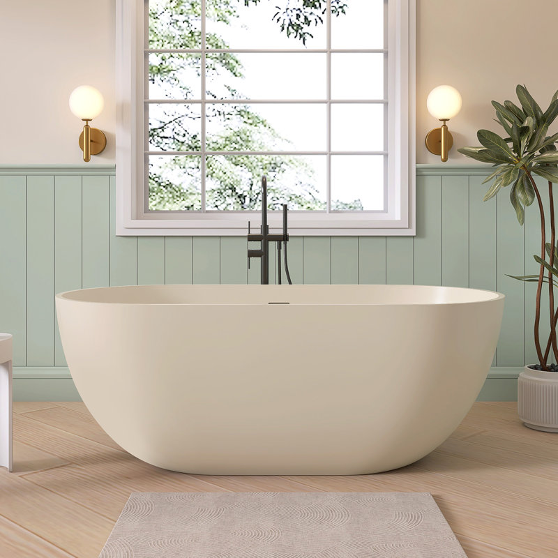 59'' Freestanding Soaking Solid Surface Bathtub, Warm Cream
