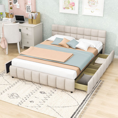 Lit plateforme rembourré Queen Size avec tête de lit capitonnée à carreaux et support central en acier