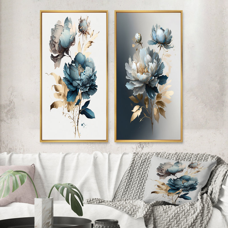 «Hyperrealistic Blue And Gold Peony», 2 pièces sur toile, H 40 po x l 40 po, Encadrement doré