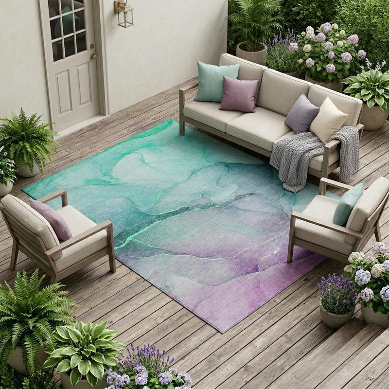 Tapis extérieur lavable abstrait sarcelle et mauve 10 pi x 14 pi