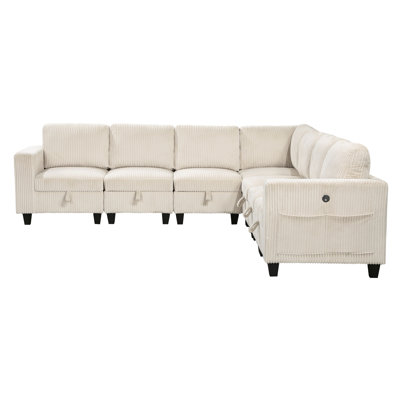 7-Piece Modular Sectional With Storage Seats, Side Pockets, Charging Ports Beige Corduroy Fabric Modern Living Room Sectional Couch Solid Wood Furniture