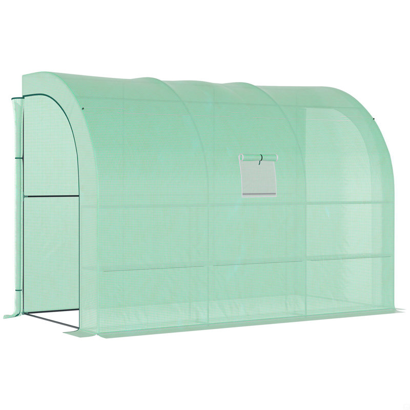 Lean To Greenhouse, Walk-In Green House, Plant Nursery With 2 Roll-Up Doors And Windows, PE Cover And 3 Wire Shelves