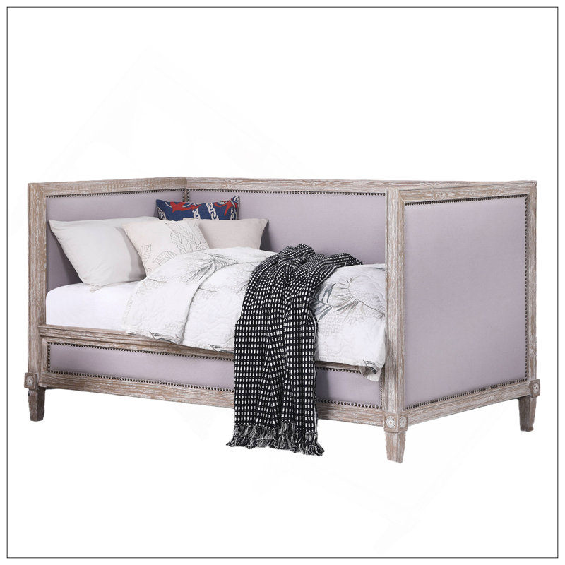 Lit de jour en lin beige et chêne vieilli avec abri haut et lit rembourré, idéal pour les chambres simples