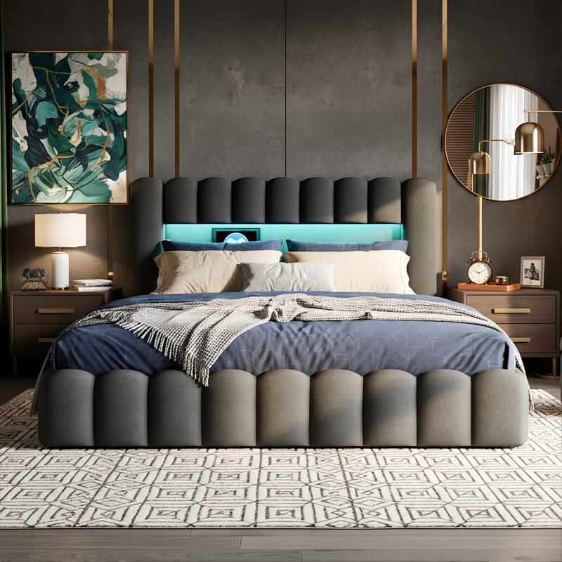 Linen Upholstered Ottoman Bed With Charging Station (USB/Type-C) & Smart LED Storage Headboard, Bubble Cloud Bed Frame in Grey/Beige (EU Double/King 140/160X200cm)