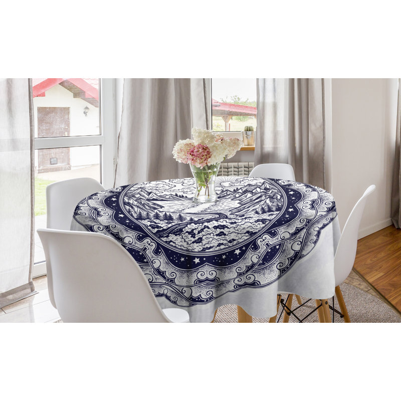 Ambesonne Mandala Round Tablecloth, Universe Inside Sun Forest Mountains Scenery Geometric Details, Circle Table Cloth Cover For Dining Room Kitchen Decoration, 60", Indigo Baby Blue And White