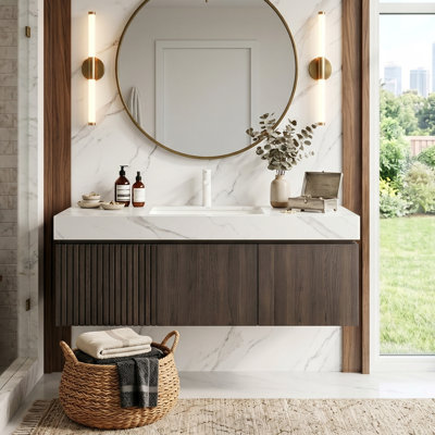 Meuble-lavabo flottant 30/36/48 po avec plateau en pierre frittée blanc de Carrare, armoire en contreplaqué avec tiroir à rayures 3D et porte à fermeture en douceur, espresso