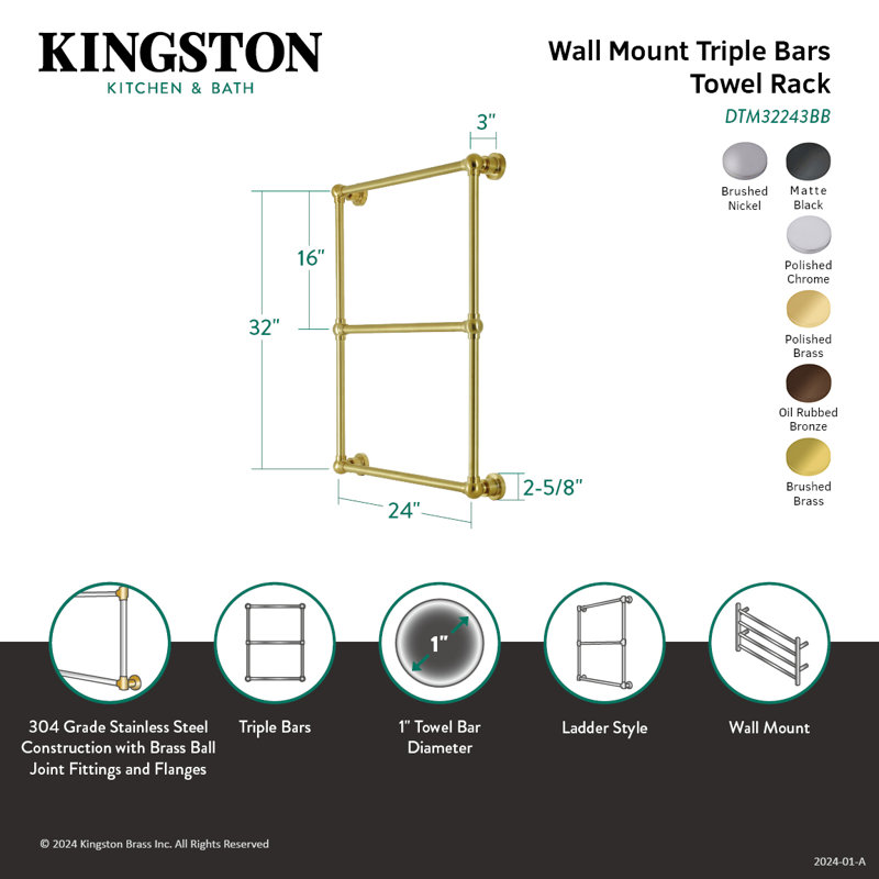 Kingston Brass Palatine 24-Inch Wall Mount 3-Bar Towel Rack, Matte Black, 32" H x 24" W x 3" D