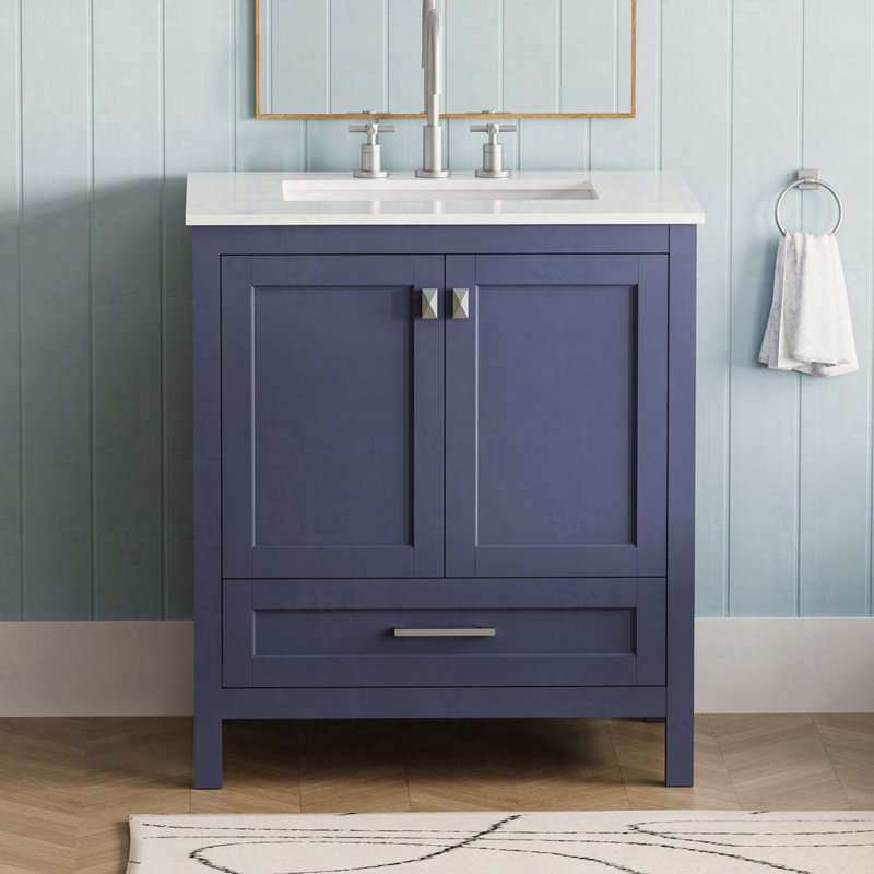 Meuble-lavabo de salle de bain 30 po avec lavabo, comptoir en marbre entièrement assemblé, bleu marine