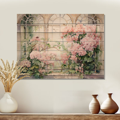 «Pink Blossoming Country Window Gaze III» - imprimé floral sur bois