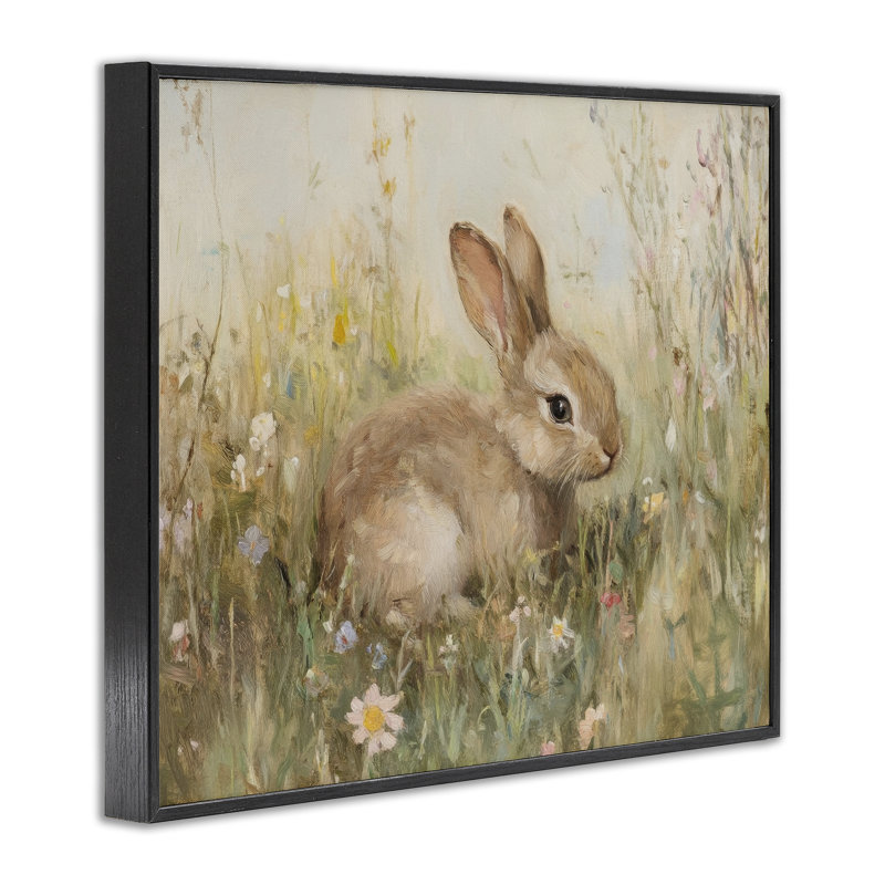 «Brown Bunny in Flower Meadow», estampe numérique par Petal Prints Design, H 24 po x l 30 po, Giclée encadrée noir minuit