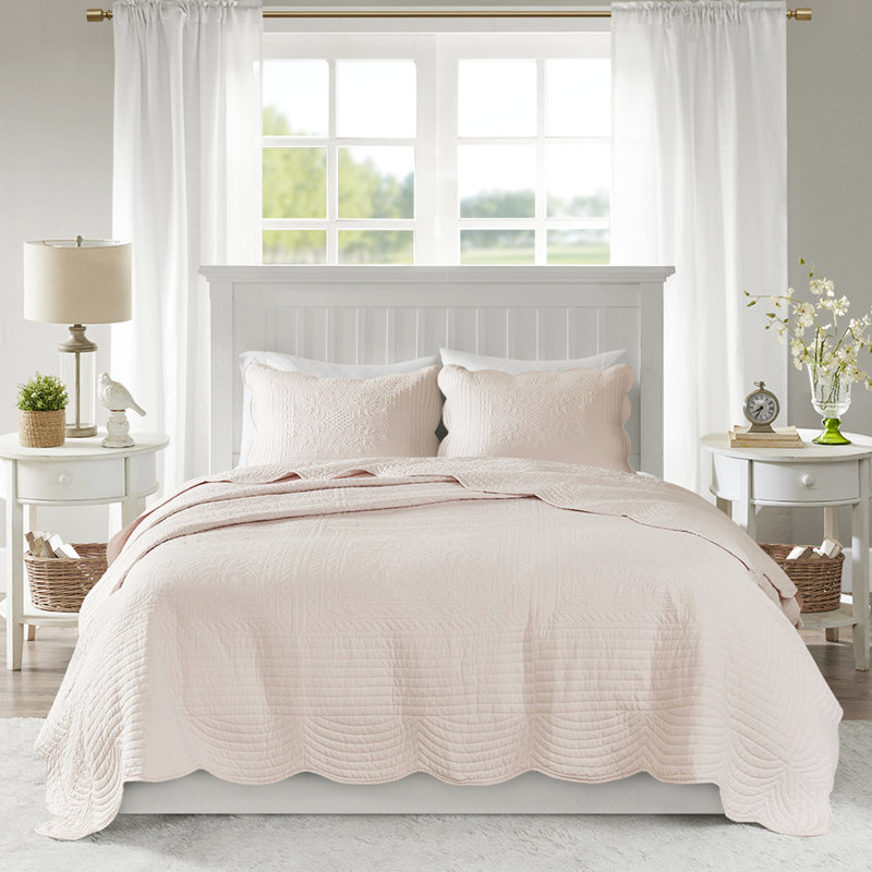 King / King Quilt Blush - bords festonnés réversibles, microfibre, 90% coton, couleur résistante, avec bord, facile à coordonner