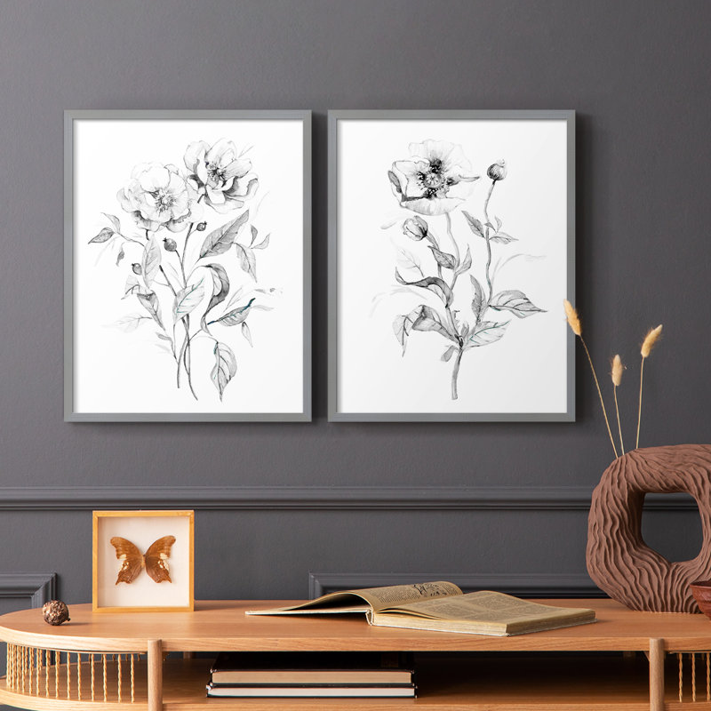 Esquisse de roses sauvages - reproduction encadrée de qualité supérieure - prête à être accrochée - aucun clou requis - aucun clou requis
