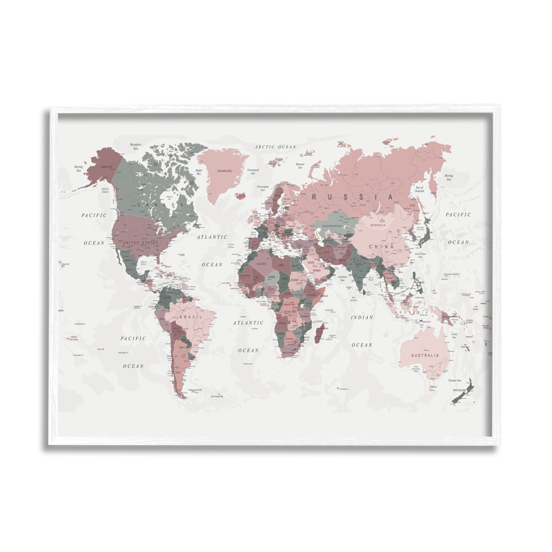 Carte du monde des eaux à motifs monochromes des régions roses - impression, Giclée encadrée blanc bord de mer
