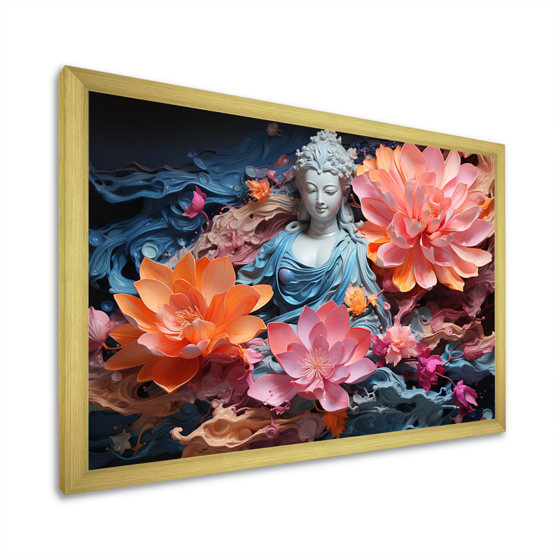 Statue de bouddhisme en fleurs sur toile, H 34 po x l 44 po x P 1,5 po, Cadre doré simple