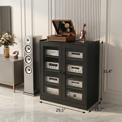 Audio Stereo Cabinet With Glass Doors, 35.4" Tall AV Component Media Stand, Record Player Stand With Adjustable Shelves & Cable Management, Black
